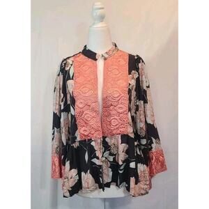 New Anthropologie Jaase Embroidered Kimono Floral Pink Black Jacket Top L